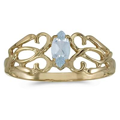 Marquise Aquamarine Filigree Ring Antique Style 14k Yellow Gold