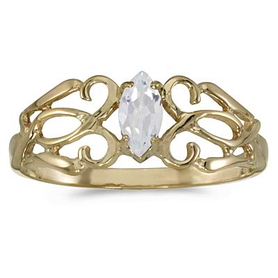 Marquise-Cut White Topaz Filigree Ring Antique Style 14k Yellow Gold