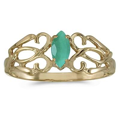 Marquise Emerald Filigree Ring Antique Style 14k Yellow Gold