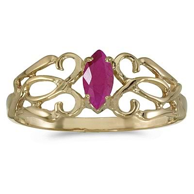 Marquise Ruby Filigree Ring Antique Style 14k Yellow Gold