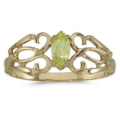 Marquise Peridot Filigree Ring Antique Style 14k Yellow Gold