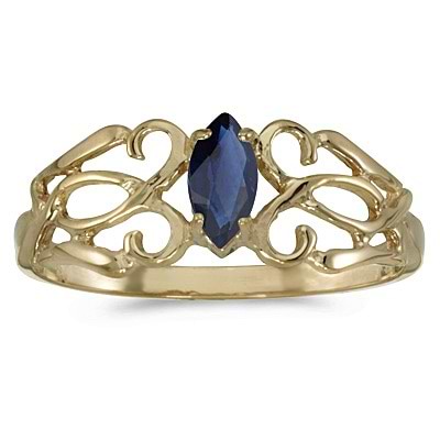 Marquise Blue Sapphire Filigree Ring Antique Style 14k Yellow Gold
