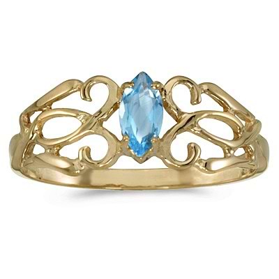 Marquise Blue Topaz Filigree Ring Antique Style 14k Yellow Gold