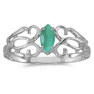 Marquise Emerald Filigree Ring Antique Style 14k White Gold
