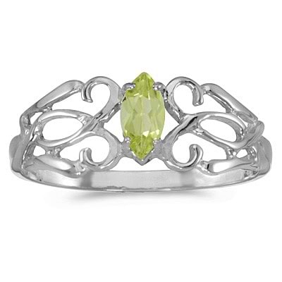 Marquise Peridot Filigree Ring Antique Style 14k White Gold