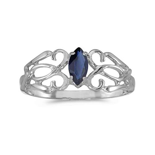 Marquise Blue Sapphire Filigree Ring Antique Style 14k White Gold