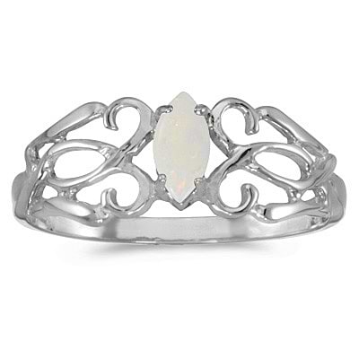 Marquise Opal Filigree Ring Antique Style 14k White Gold