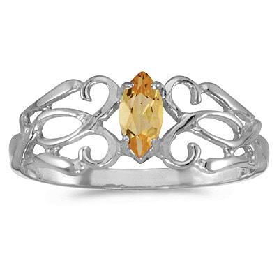 Marquise Citrine Filigree Ring Antique Style 14k White Gold
