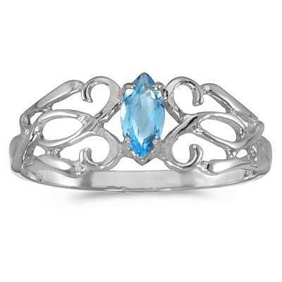 Marquise Blue Topaz Filigree Ring Antique Style 14k White Gold