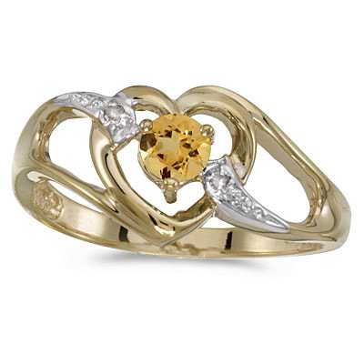 Citrine & Diamond Heart Right-Hand Ring in 14k Yellow Gold (0.20ct)