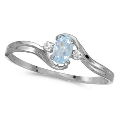 Oval Aquamarine and Diamond Right-Hand Ring 14K White Gold (0.20ctw)