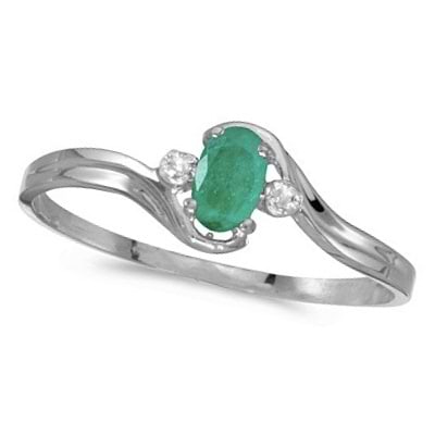 Oval Emerald and Diamond Right-Hand Ring 14K White Gold (0.30ctw)