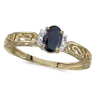 Blue Sapphire & Diamond Filigree Antique Style Ring 14k Yellow Gold