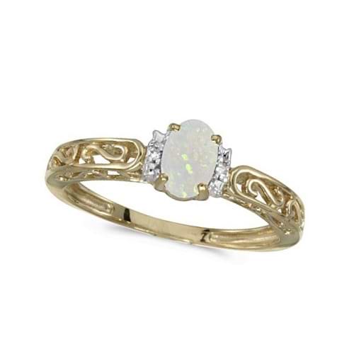 Oval Opal & Diamond Filigree Antique Style Ring 14k Yellow Gold