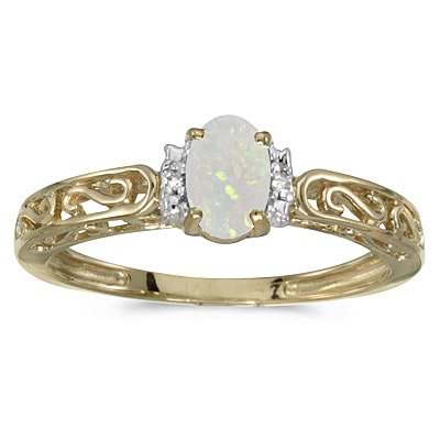 Oval Opal & Diamond Filigree Antique Style Ring 14k Yellow Gold