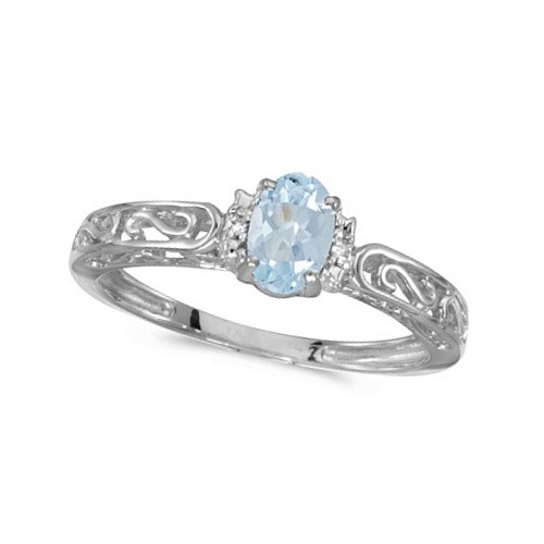 Oval Aquamarine & Diamond Filigree Antique Style Ring 14k White Gold