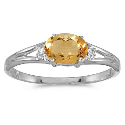 Oval Citrine and Diamond Right-Hand Ring 14K White Gold (0.45ct)