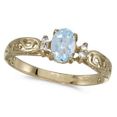 Aquamarine and Diamond Filigree Ring Antique Style 14k White Gold