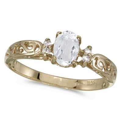 White Topaz and Diamond Filagree Ring Antique Style 14k Yellow Gold