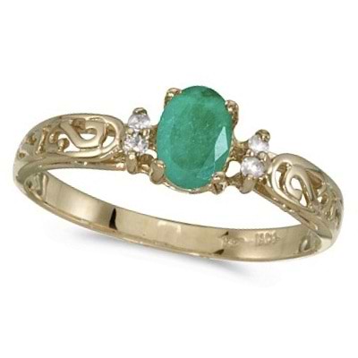 Emerald and Diamond Filigree Ring Antique Style 14k Yellow Gold