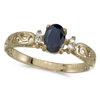 Blue Sapphire and Diamond Filigree Ring Antique Style 14k Yellow Gold
