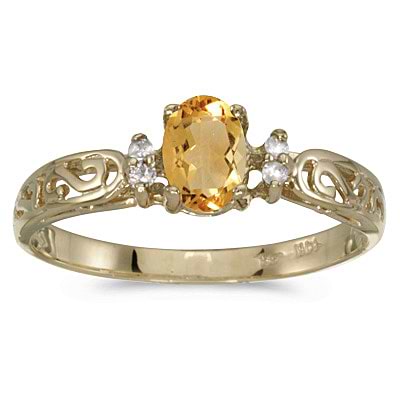 Citrine and Diamond Filigree Ring Antique Style 14k Yellow Gold