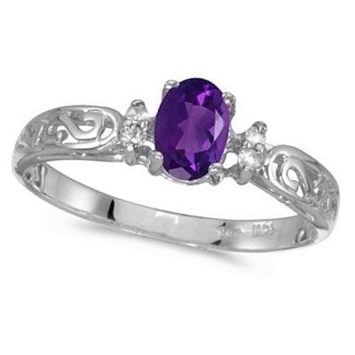 Amethyst and Diamond Filagree Ring Antique Style 14k White Gold