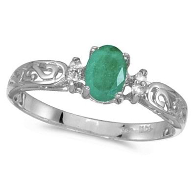 Emerald and Diamond Filagree Ring Antique Style 14k White Gold