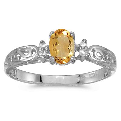 Citrine and Diamond Filagree Ring Antique Style 14k White Gold