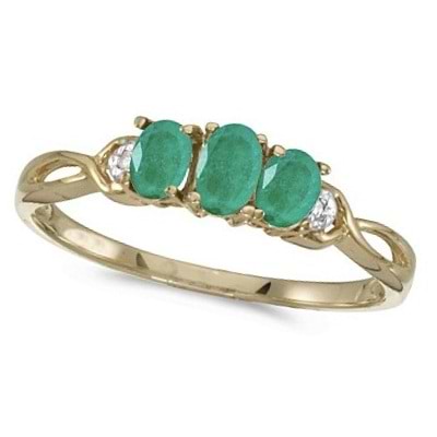 Oval Emerald and Diamond Three Stone Ring 14k Yellow Gold (0.65ctw)