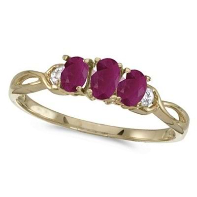 Oval Ruby and Diamond Three Stone Ring 14k Yellow Gold (0.75ctw)