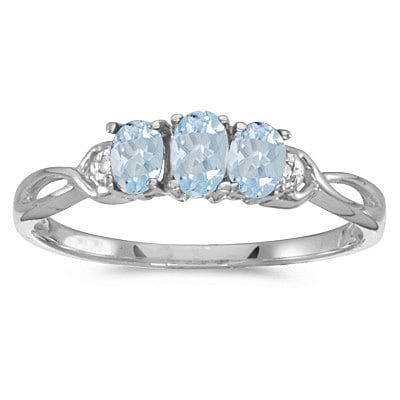 Oval Aquamarine and Diamond Three Stone Ring 14k White Gold (0.50ctw)