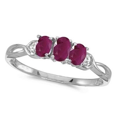 Oval Ruby and Diamond Three Stone Ring 14k White Gold (0.75ctw)