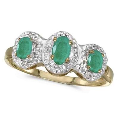 0.65tcw Oval Emerald and Diamond Three Stone Ring 14k Yellow Gold