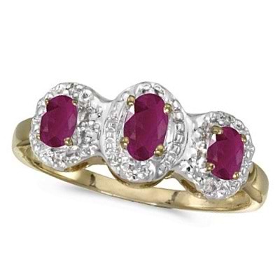 0.75tcw Oval Ruby and Diamond Three Stone Ring 14k Yellow Gold