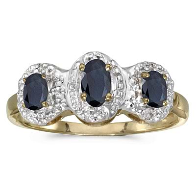 0.65tcw Oval Blue Sapphire and Diamond Three Stone Ring 14k Yellow Gold