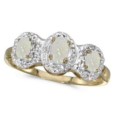 0.65tcw Oval Opal and Diamond Three Stone Ring 14k Yellow Gold