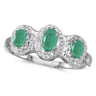 0.65tcw Oval Emerald and Diamond Three Stone Ring 14k White Gold