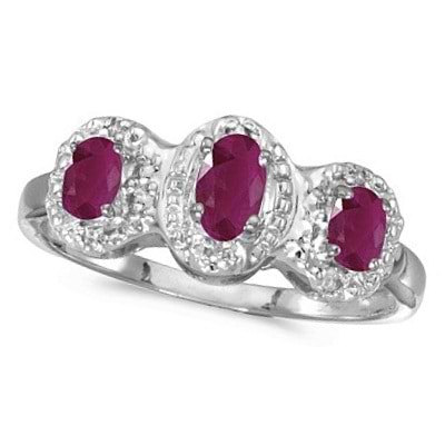 0.75tcw Oval Ruby and Diamond Three Stone Ring 14k White Gold