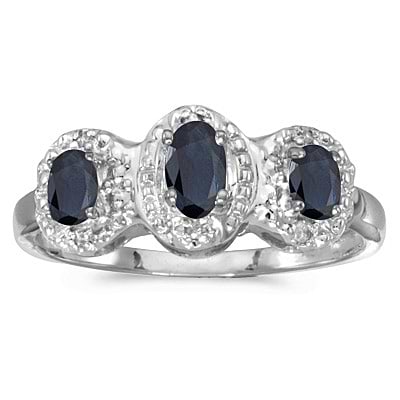 0.65tcw Oval Blue Sapphire and Diamond Three Stone Ring 14k White Gold