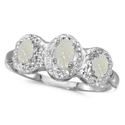 0.65tcw Oval Opal and Diamond Three Stone Ring 14k White Gold