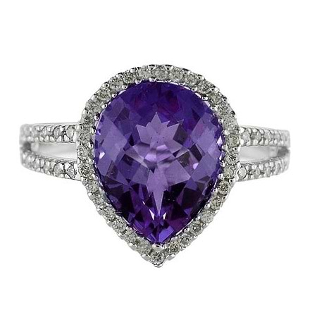 Pear Shaped Amethyst and Diamond Cocktail Ring 14k White Gold