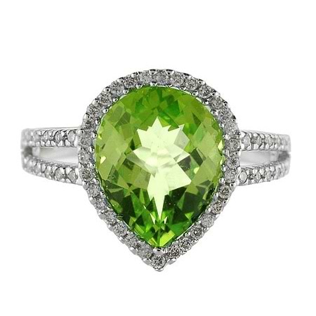 Pear Shaped Peridot and Diamond Cocktail Ring 14k White Gold