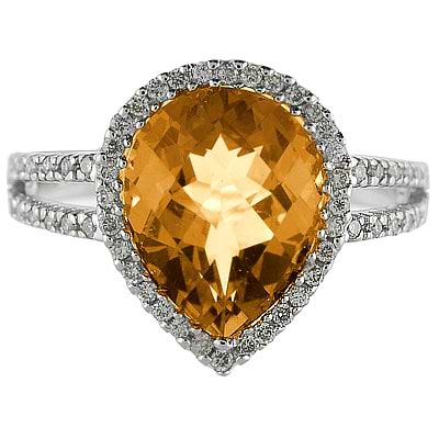 Pear Shaped Citrine and Diamond Cocktail Ring 14k White Gold