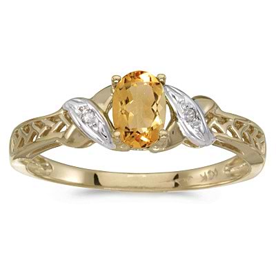 Oval Citrine & Diamond Antique Style Ring 14K Yellow Gold (0.45ct)