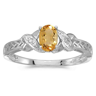 Oval Citrine & Diamond Antique Style Ring in 14K White Gold (0.45ct)