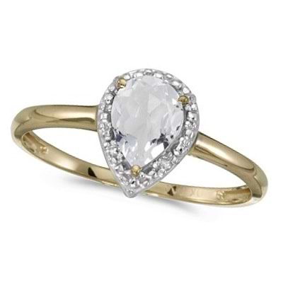 Pear Shape White Topaz and Diamond Cocktail Ring 14k Yellow Gold