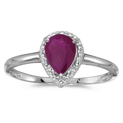 Pear Shape Ruby and Diamond Cocktail Ring 14k White Gold