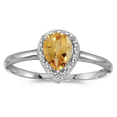 Pear Shape Citrine and Diamond Cocktail Ring 14k White Gold