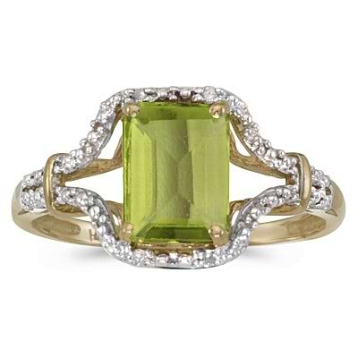 Emerald-Cut Peridot & Diamond Cocktail Ring 14k Yellow Gold